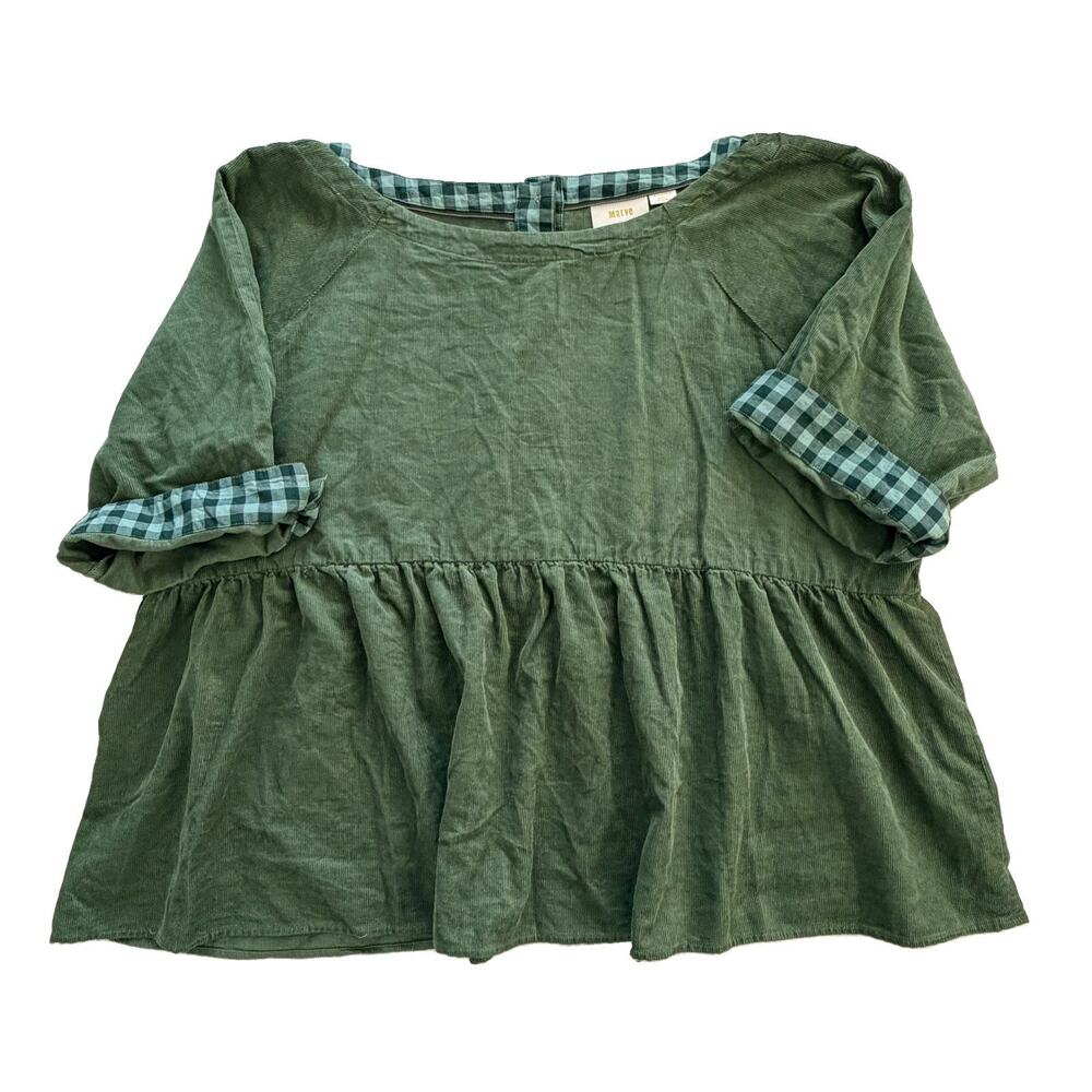 Anthropologie Maeve Maria Green Corduroy Babydoll Short Sleeve Top Blouse XL